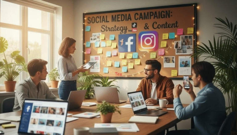 NB Creatix team managing social media pages, creating engaging posts and boosting brand visibility on platforms like Instagram, Facebook and LinkedIn.